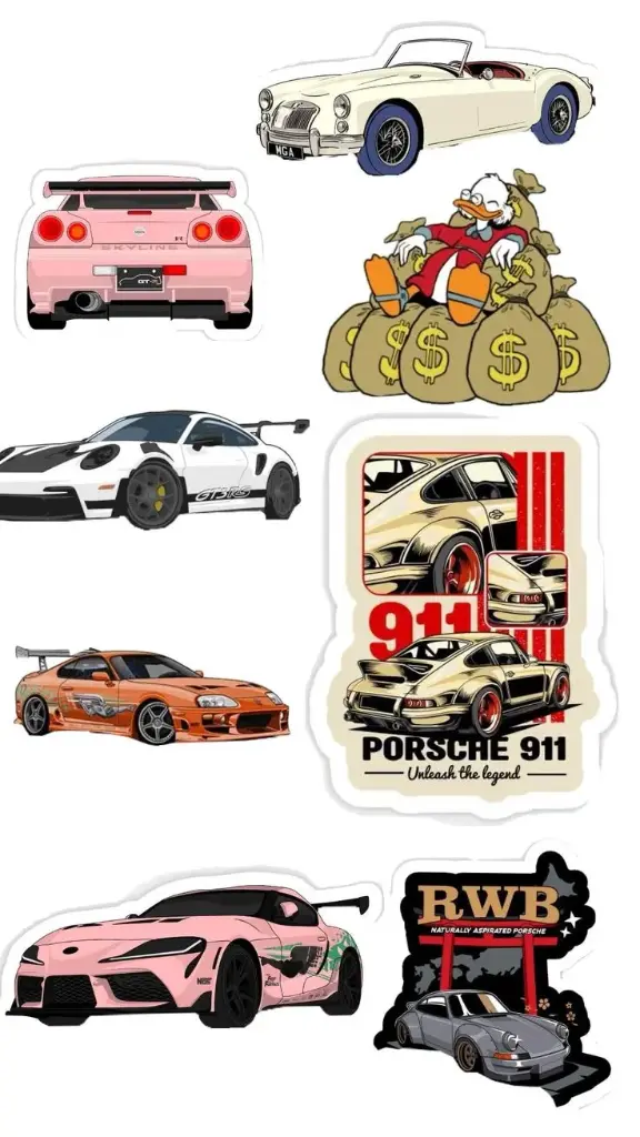 Nissan Skyline R34, a Toyota Supra, a Porsche 911, and a classic convertible.